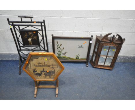 AN ORIENTAL BAMBOO FIRESCREEN, with chinoiserie detail, a mahogany frame fire screen, an oak tilt top table/fire screen, and 