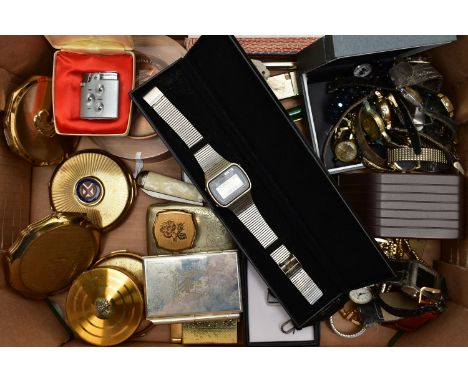 A BOX OF ASSORTED COMPACTS AND WRISTWATCHES, to include three 'Stratton' compacts, two other compacts, a 'Stratton' pill box,