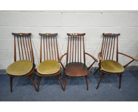 FOUR DARK ERCOL GOLDSMITH CHAIRS, including two carvers (condition:-worn finish, and missing one seat pad)