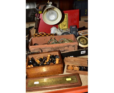 A BOX AND LOOSE GAMES, METALWARES, LAMPS AND SUNDRY ITEMS, to include a Macaura's 'Pulsocon' hand held massager in original b