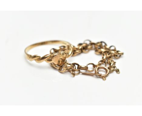 A 9CT GOLD RING AND A BRACELET, the ring designed with a polished heart to the centre, twisted shoulders leading onto a polis