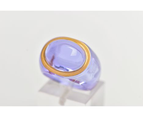 A BOXED 'BACCARAT' RING, purple domed glass ring, within a gold tone rim, ring size centre I 1/2, together with a signed 'Bac