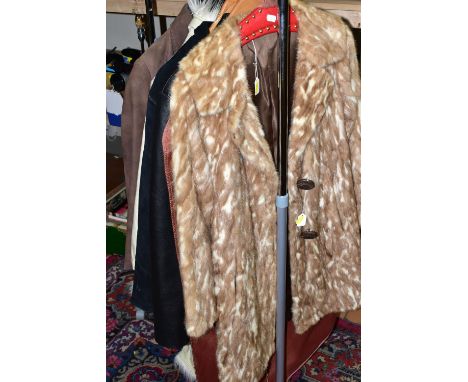 TWO BOXES OF LADIES BOXED SHOES, HANDBAGS AND JACKETS, to include a mottled cream and beige fur jacket, black leather jacket,