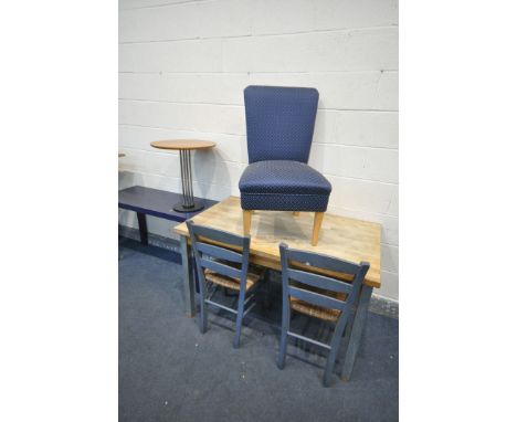 A BEECH TOP DINING TABLE, on chrome legs, length 126cm x depth 77cm x height 77cm, a long blue finish side table, a blue fabr