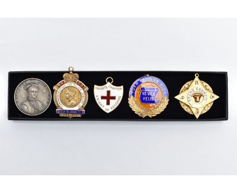 FIVE SILVER MEDALS/BADGES, four gold plated examples, to include a Masonic Grand Council medal and a enamel commemorative sil