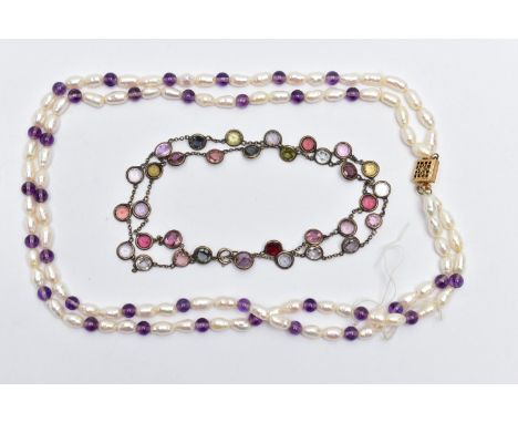 MULTI GEMSTONE SET RIVIERE NECKLACE AND A CULTURED PEARL NECKALCE, featuring various circular cut gemstones to include, sapph