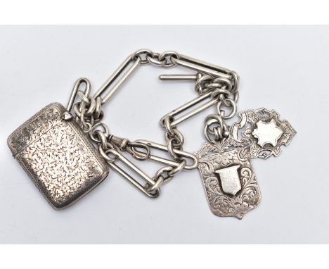 A SILVER ALBERT CHAIN, FOB MEDALS AND A VESTA CASE, the fetter albert chain each link stamped with a sterling mark, fitted wi