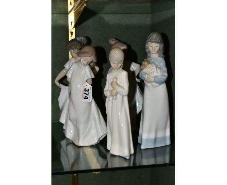FIVE NAO FIGURES of girls, including a girl with a puppy, a girl with a fan, and a girl dancing, height of tallest 23cm (5) (