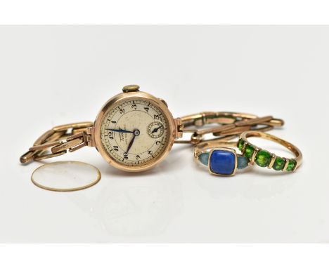 TWO GEM SET RINGS AND 9CT GOLD WRIST WATCH, the first a 9ct gold ring, semi bezel set with five graduated circular cut diopsi