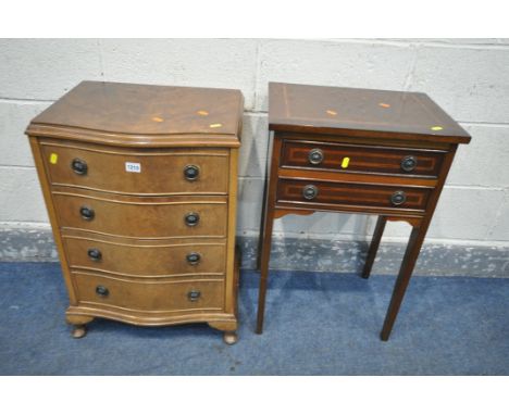 A SMALL MAHOGANY SERPENTINE CHEST OF FOUR DRAWERS, width 48cm x depth 47cm x height 70cm, and a mahogany lamp table with two 