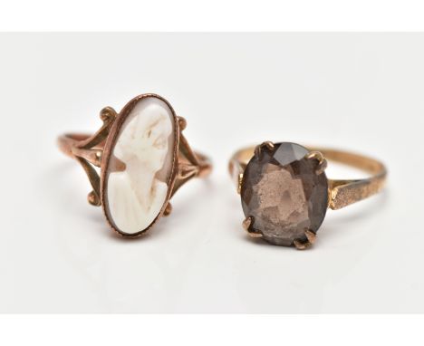 TWO 9CT GOLD RINGS, the first a shell cameo, collet set in rose gold, leading on to trifurcated shoulders, hallmarked 9ct Che