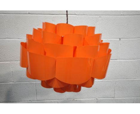 A CONTEMPORARY MID-CENTURY ORANGE PENDANT LIGHT (condition:-one piece torn)
