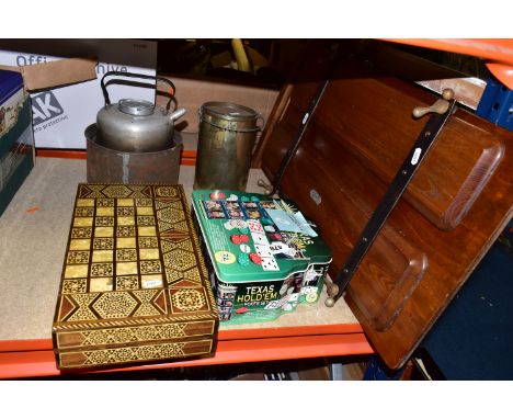 A LARGE OAK SOUTHAN BROTHERS TAYLORS/OUTFITTERS CLOTHES PRESS, an unused and complete Texas 'Hold 'Em' poker set, tin spirit 