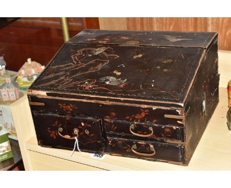 A JAPANESE LACQUER AND MOTHER OF PEARL INLAY WRITING BOX, three front drawers, a fold out front with separate compartments, d