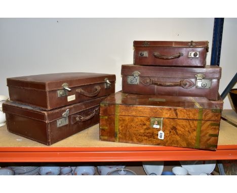A COLLECTION OF FIVE BROWN VINTAGE SUITCASES AND A WOODEN WRITING SLOPE, comprising five 1950's brown suitcases in varying si