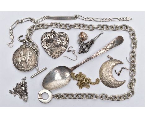 A BAG OF ASSORTED WHITE METAL JEWELLERY, to include a white metal rolo link chain, fitted with a toggle clasp, stamped 925, l