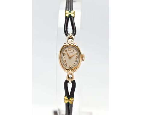 A LADIES 'LONGINES' WRISTWATCH, manual wind, champagne dial signed 'Longines', Arabic numerals, gold tone hands, floral detai