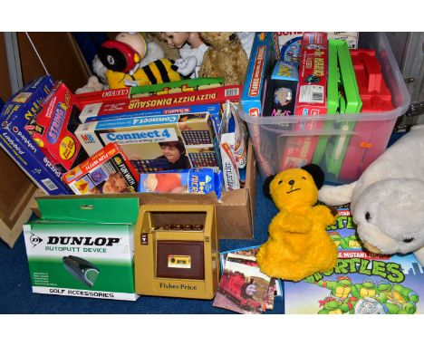 THREE BOXES OF SOFT TOYS AND BOARD GAMES, to include a Sooty hand puppet, Cluedo, Connect 4, Junior Scrabble, a boxed Dunlop 