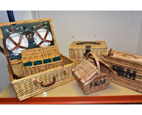 SIX WICKER BASKETS, comprising a small Fortnum and Masons hamper together with a small handled F&amp;M basket, a hinged wicke