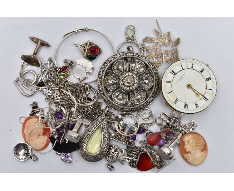 A BAG OF ASSORTED JEWELLERY, to include a silver gate bracelet fitted with a spring clasp, a pair of moonstone cabochon set c