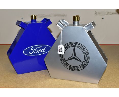 TWO REPRODUCTION VEHICLE OIL CANS, comprising a blue painted  Ford  oil can and a silver painted Mercedes oil can, both have 