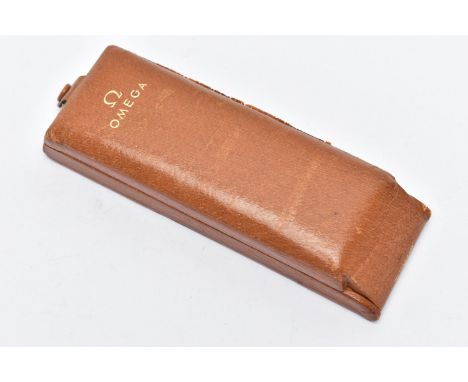 A VINTAGE 'OMEGA' WATCH CASE, tan in colour, hinged rectangular box signed to the front 'Omega', button fastening, brown sued