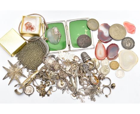 A BOX OF ASSORTED JEWELLERY, COINS AND OTHER ITEMS, to include a silver AF thimble hallmarked Birmingham, various pendants, b