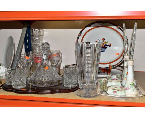 A TUTBURY CRYSTAL SHIP'S DECANTER WITH SIX MATCHING WHISKY TUMBLERS SET ON A WOODEN SERVING TRAY, together with a Stuart Crys