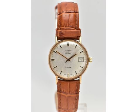 A GENTS 9CT GOLD 'ROTARY' WRISTWATCH, automatic movement, round silver satin dial signed 'Rotary, Automatic, 21 jewels', bato
