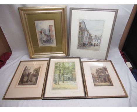 Watercolors of various street scenes including "The Gateway- Cambridge, St Johns College", "Temple Gardens London", "Christch