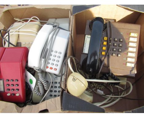 Two 1980s BT 8530 telephones with extension buttons circa 19080 and BT s/1000/3 push button telephones in white grey and mush