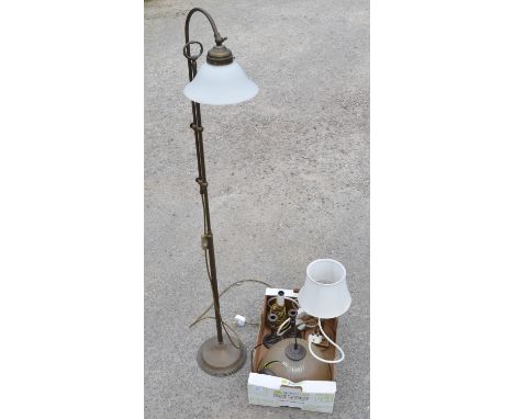 Oxydised brass floor lamp, with opaque shade. opaque glass center light fitting, 2 brass table lamps (6) 