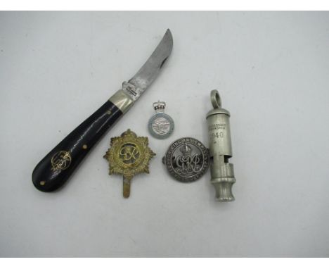 J.Hudson and Co Whistle dated 1940,George Wostenholm I.XL Pruning Knife, Royal Observer Corps Pin,Royal Army Service Corps Ca