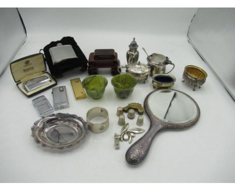 Roles Royce lighter and three other lighters, Remi Martan hip flask, cruet set, thimbles, two green glass glasses etc 