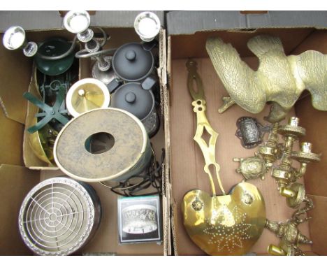 Set of kitchen scales with brass weights, novelty Niagara Falls table lamp, large brass model of an eagle, brass chestnut roa