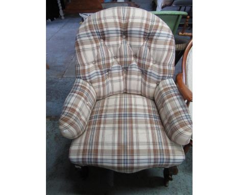 Victorian deep button back armchair on carved cabriole supports in reupholstered checked fabric 