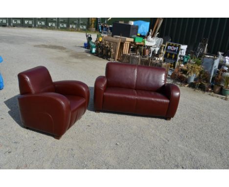 Art Deco style two seater sofa and similar armchair upholstered in brown leatherette. W145cm D83cm H80cm (2) 