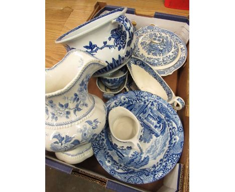 Early C20th Flora pattern blue &amp; white printware toilet jug H28cm, a chamber pot and small collection of other blue &amp;