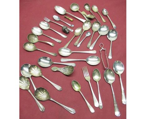 Sterling silver spoon with barley twist stem, a hallmarked sterling silver lid to scent bottle and a collection of silver pla