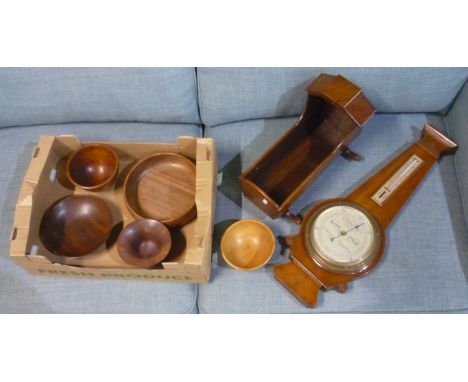 C19th mahogany dolls crib, Short and Mason barometer/thermometer, four turned wooden bowls and two walking sticks, etc