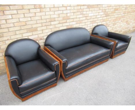 Art deco Italian walnut framed three piece suite comprising of a two seater sofa and a pair of matching armchairs upholstered