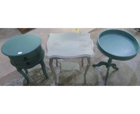 Pine painted teal circular topped occasional table on turned wooden stand and tripod legs Diameter 47cm H67.5cm and a matchin