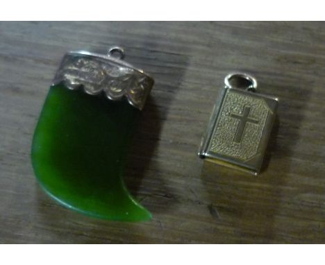 9ct gold and jade pendant and Small yellow metal pendant in the firm of a prayer book with miniature The Lords Prayer enclose