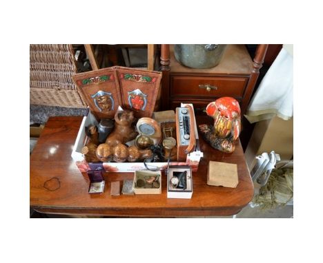 Roberts radio, scales, coins, wooden and other decorative items etc 