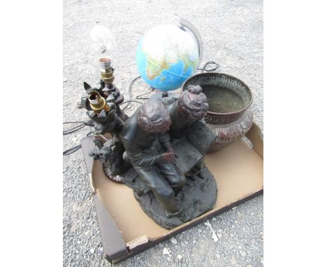 Indo Persian copper jardinière, illuminated terrestrial globe, art nouveau  table lamp, figural table lamp in form of an old 