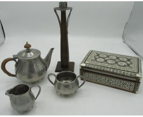 Tudric Hammered Pewter Batchelors Three Piece Tea Service, Arts and Crafts Style Metal and Wood Candlestick and a Mother of P