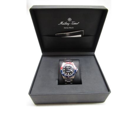 Mathey-Tissot "vintage" quartz diver's watch with date indicator, stainless steel case, Pepsi bezel on matching stainless ste