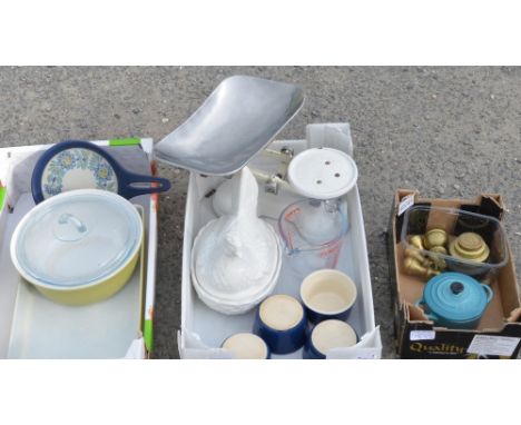 Set of vintage type kitchen scales with collection of brass bag and other weights, 4 Le Creuse ramekin dishes and a similar p