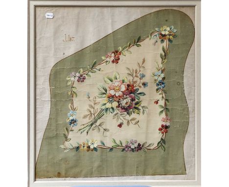Two 19th/early 20th century floral tapestry designs, watercolour, one titled "J. INT" and the other "J.EXT", framed and glaze