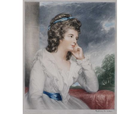 After Sydney E WilsonPortrait of an elegant lady in a white dress with blue sash, and a blue and pearl ribbon in her hair Mez